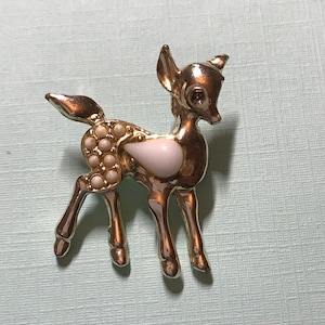 Vintage Baby Deer Fawn Gold and White Brooch Pin