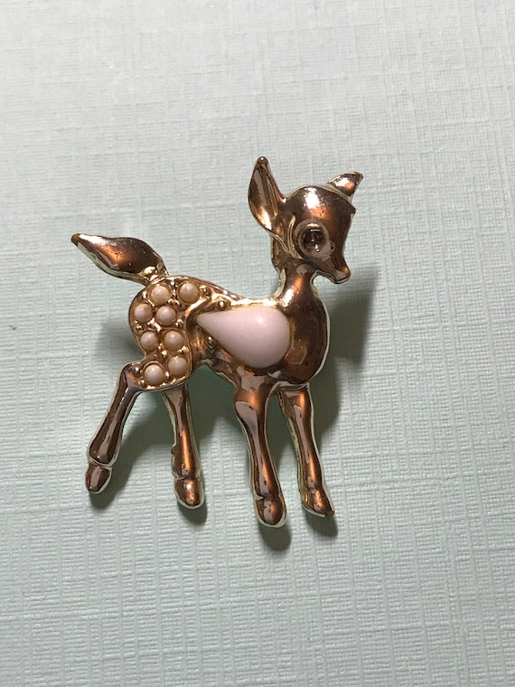 Vintage Baby Deer Fawn Gold and White Brooch Pin - image 1