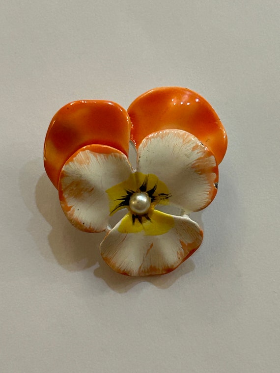 Vintage Orange and White Flower Pansy Brooch  Pin - image 4