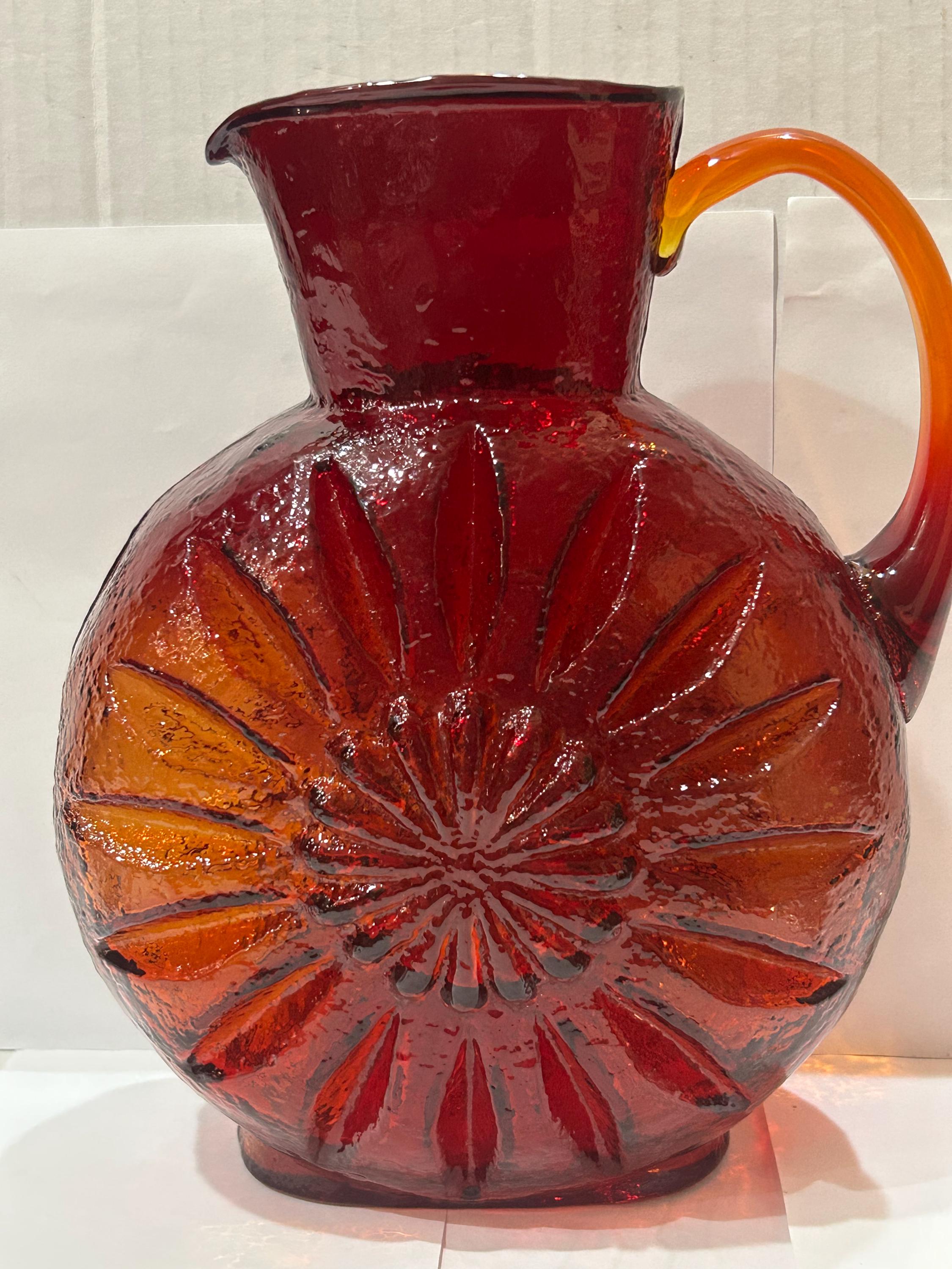 Vintage Kanawha Amberina Glass Sunflower Pitcher Vase With Handle