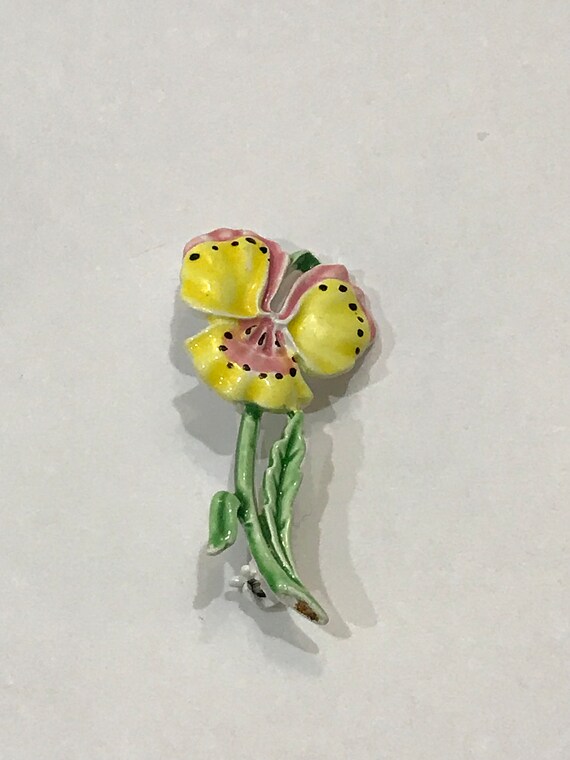 Vintage Yellow and Light Pink Pansy Flower Brooch… - image 2