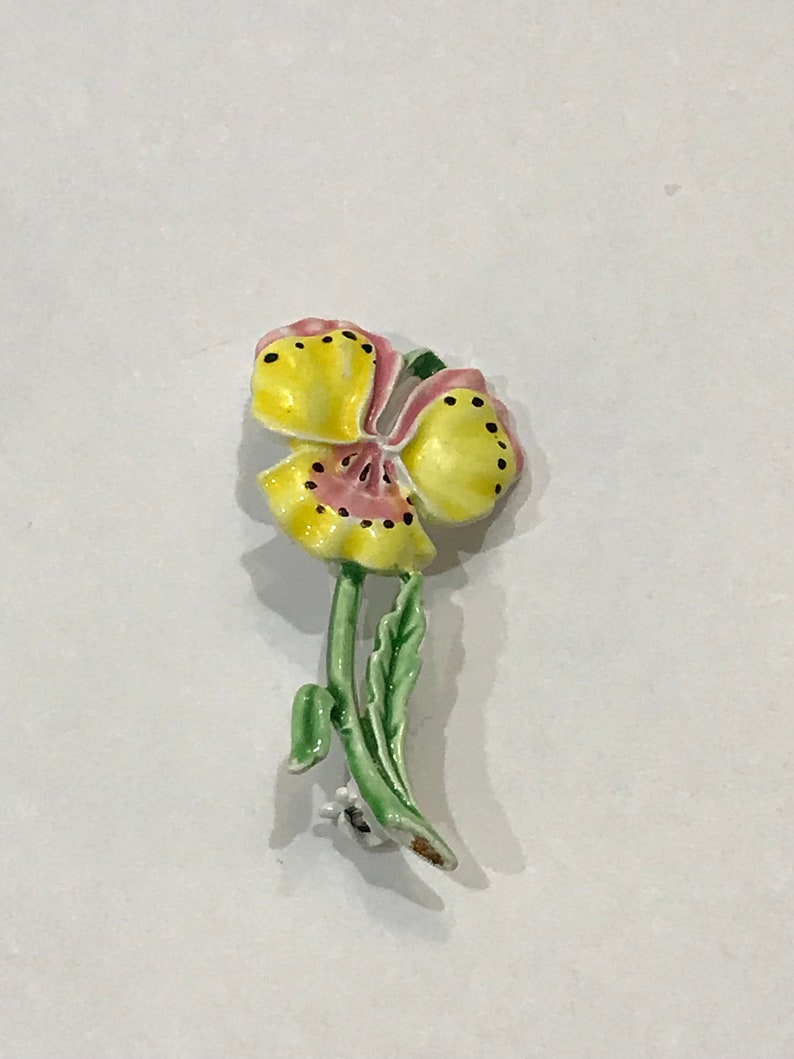 Vintage Yellow and Light Pink Pansy Flower Brooch Pin image 2