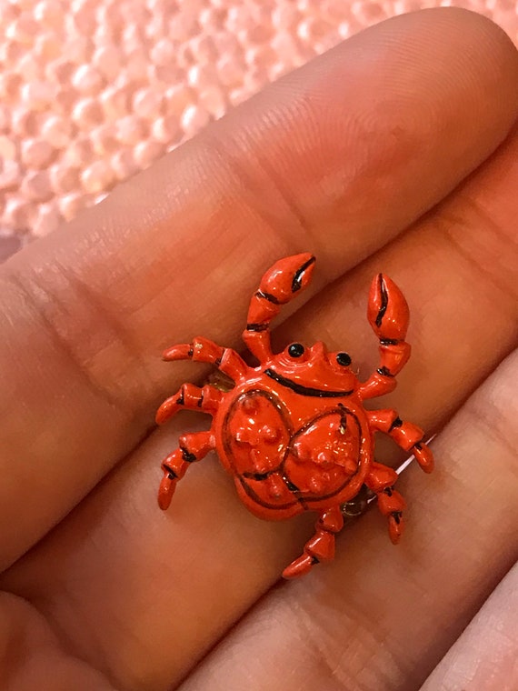 Vintage Orange Red Crab Brooch Pin