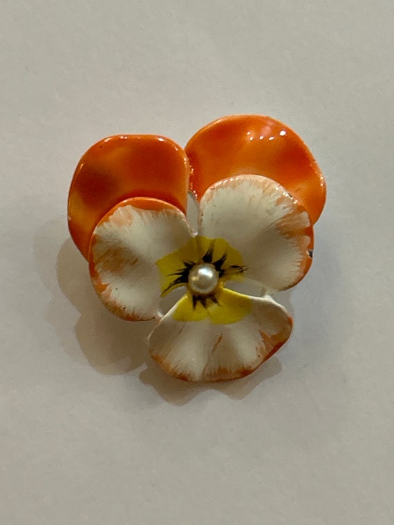 Vintage Orange and White Flower Pansy Brooch  Pin - image 1