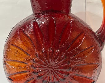Vintage Kanawha Amberina Glass Sunflower Pitcher Vase With Handle