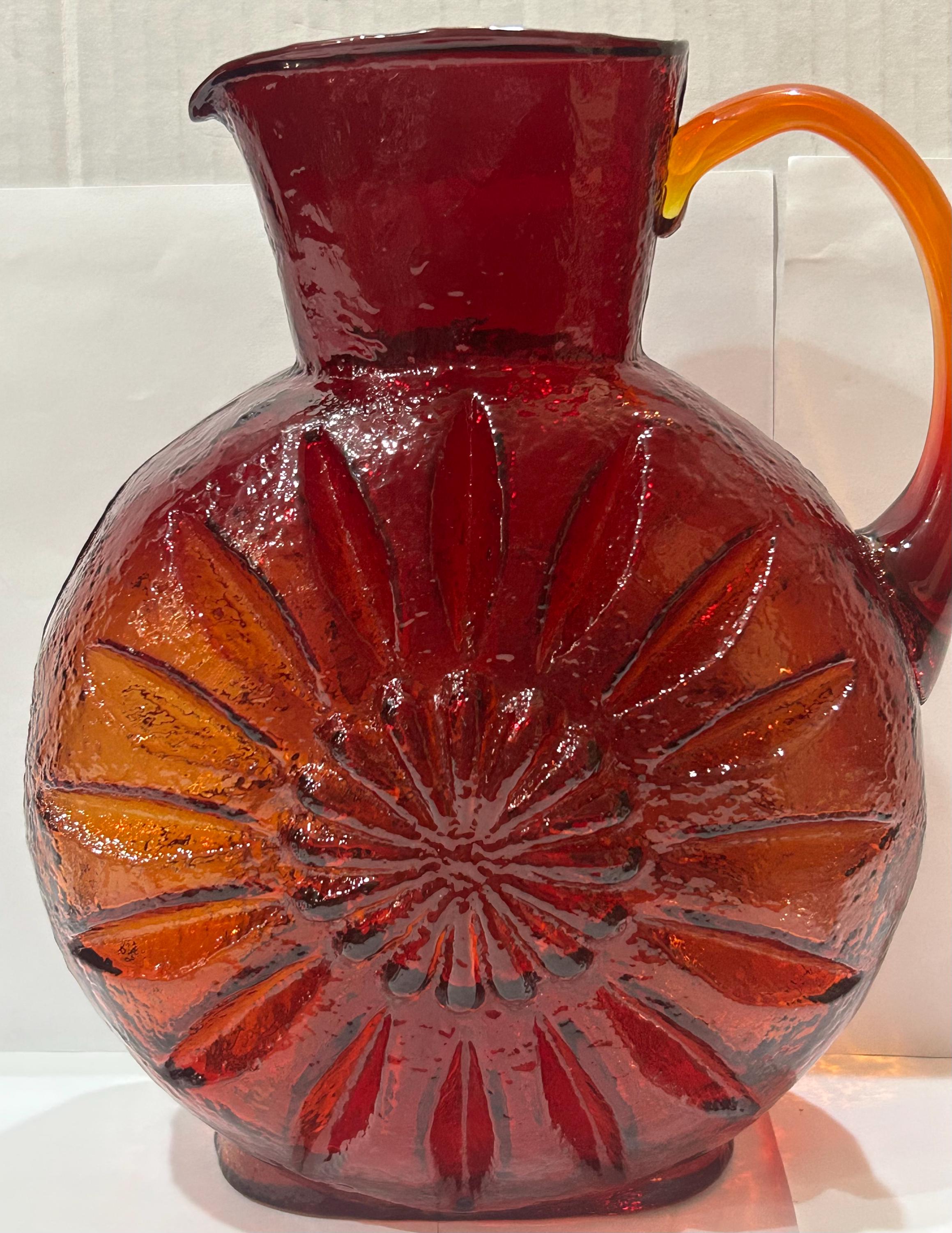 Vintage Kanawha Amberina Glass Sunflower Pitcher Vase With Handle