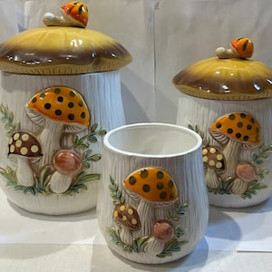 Vintage Ceramic 3 Piece Mushroom Canister Sears Roebuck Set