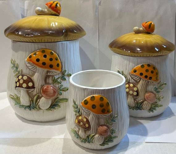 シアーズマッシュルームキャニスターセット Vintage Ceramic 3 Piece Mushroom Canister Sears Roebuck Set - Etsy