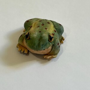 May include: A detailed figurine of a frog, featuring a green body with brown spots and yellow accents. The frog has large, expressive eyes and is posed in a sitting position. The figurine is likely made of ceramic or a similar material.