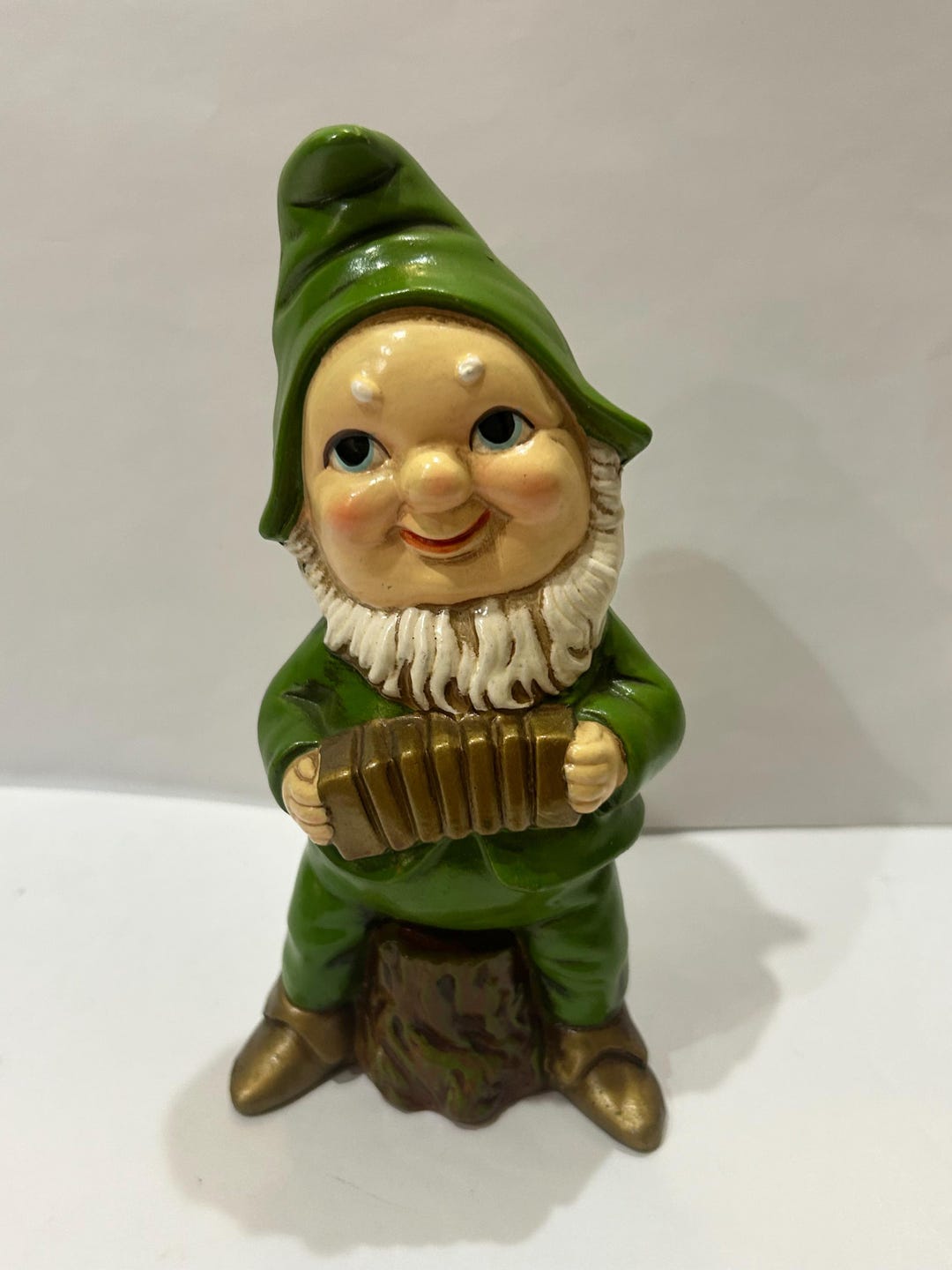 Vintage Whimsical Elf Gnome Woodland Elf Green Gnome Accordion Musical ...