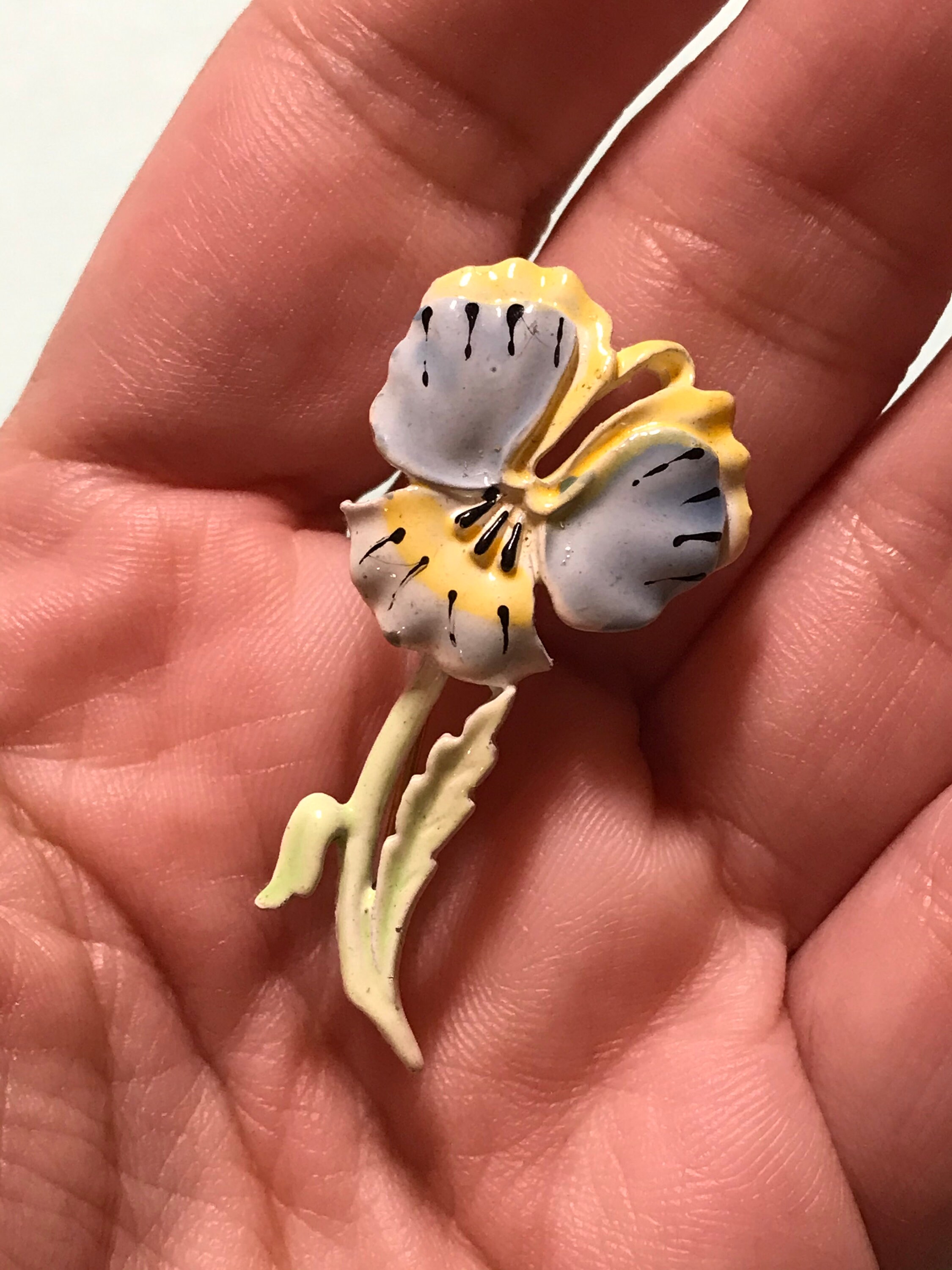 Broche Vintage émaillée - Motif Pensée (Pansy), 5,8 Cm, Multicolore - Neuf Sans Emballage