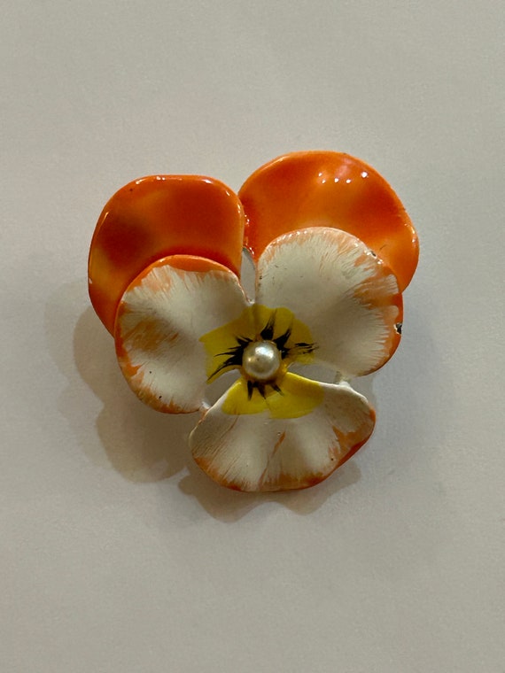Vintage Orange and White Flower Pansy Brooch  Pin - image 7