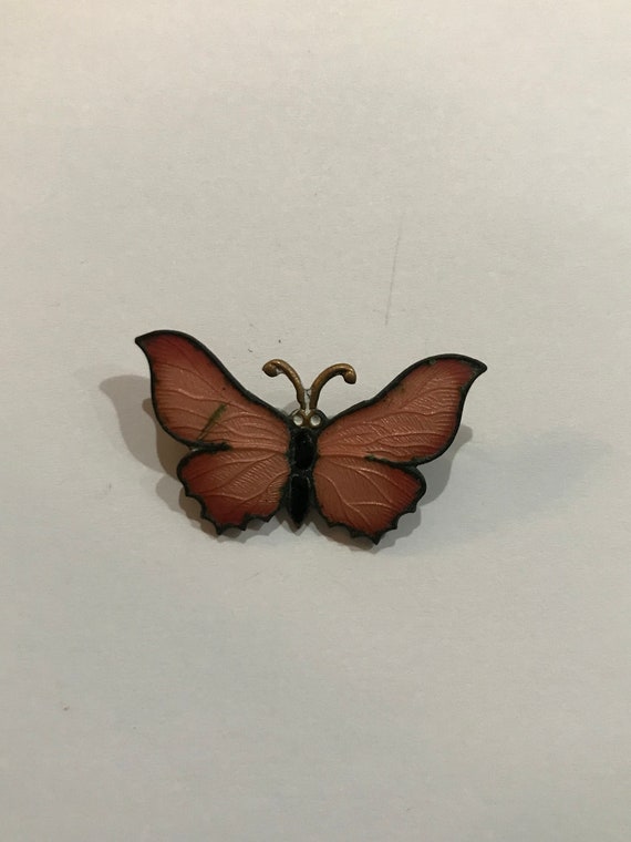 Vintage Enamel Coral and Black Butterfly Brooch Pi