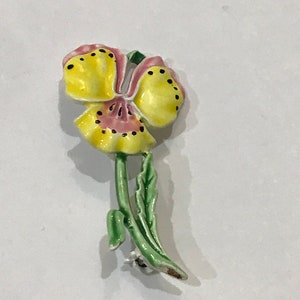 Vintage Yellow and Light Pink Pansy Flower Brooch Pin image 1