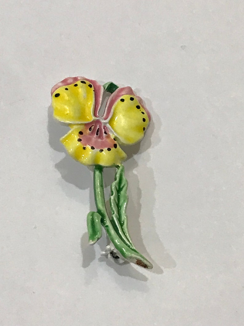 Vintage Yellow and Light Pink Pansy Flower Brooch Pin image 1