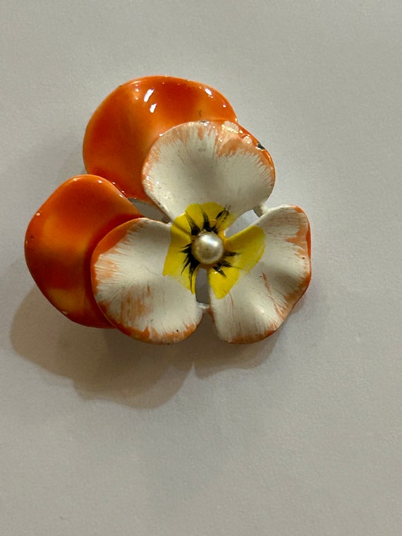 Vintage Orange and White Flower Pansy Brooch  Pin - image 5