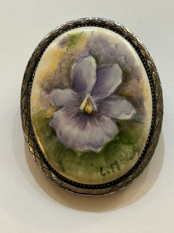 Vintage Ceramic Oval Shaped Lavender Flower Brooch