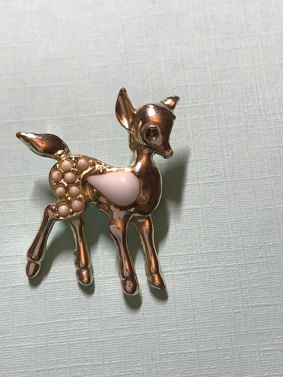 Vintage Baby Deer Fawn Gold and White Brooch Pin - image 2