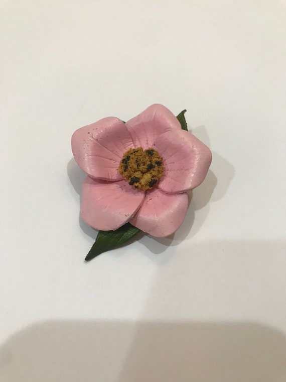 Vintage Pastel Pink Leather Flower Brooch Pin