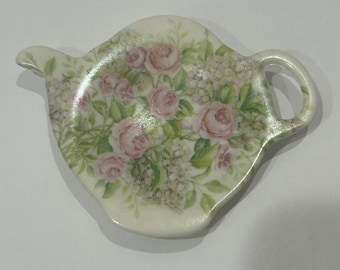 Vintage Teapot Shape Pink Rose Design Teabag Holder Italy
