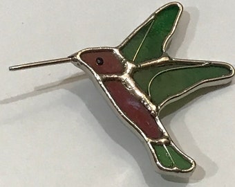 Vintage Hummingbird Stained Glass Pin Brooch