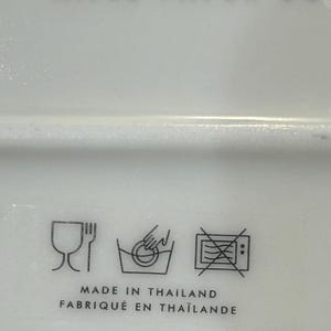 May include: A white ceramic plate with black symbols indicating it is dishwasher and microwave safe. The plate also has the text "RIFLE PAPER CO" and "MADE IN THAILAND FABRIQU&Eacute; EN THA&Iuml;LANDE".