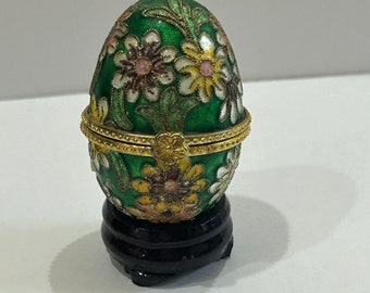 Vintage Green Cloisonné Enamel Egg Shaped with Flowers Trinket Box