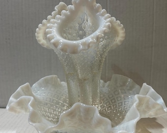 Vintage Fenton Epergene ruffled trim Opalescent White Hobnail Glass Epergne Vase Home Decor