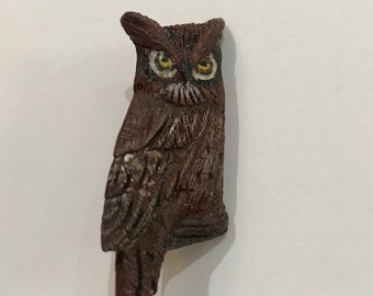 Vintage Handcarved and Painted Owl Brooch  Pin