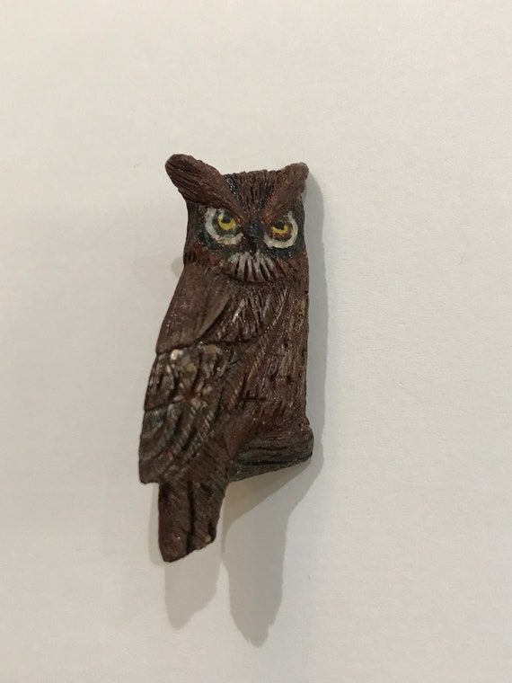 Vintage Handcarved and Painted Owl Brooch  Pin - image 1