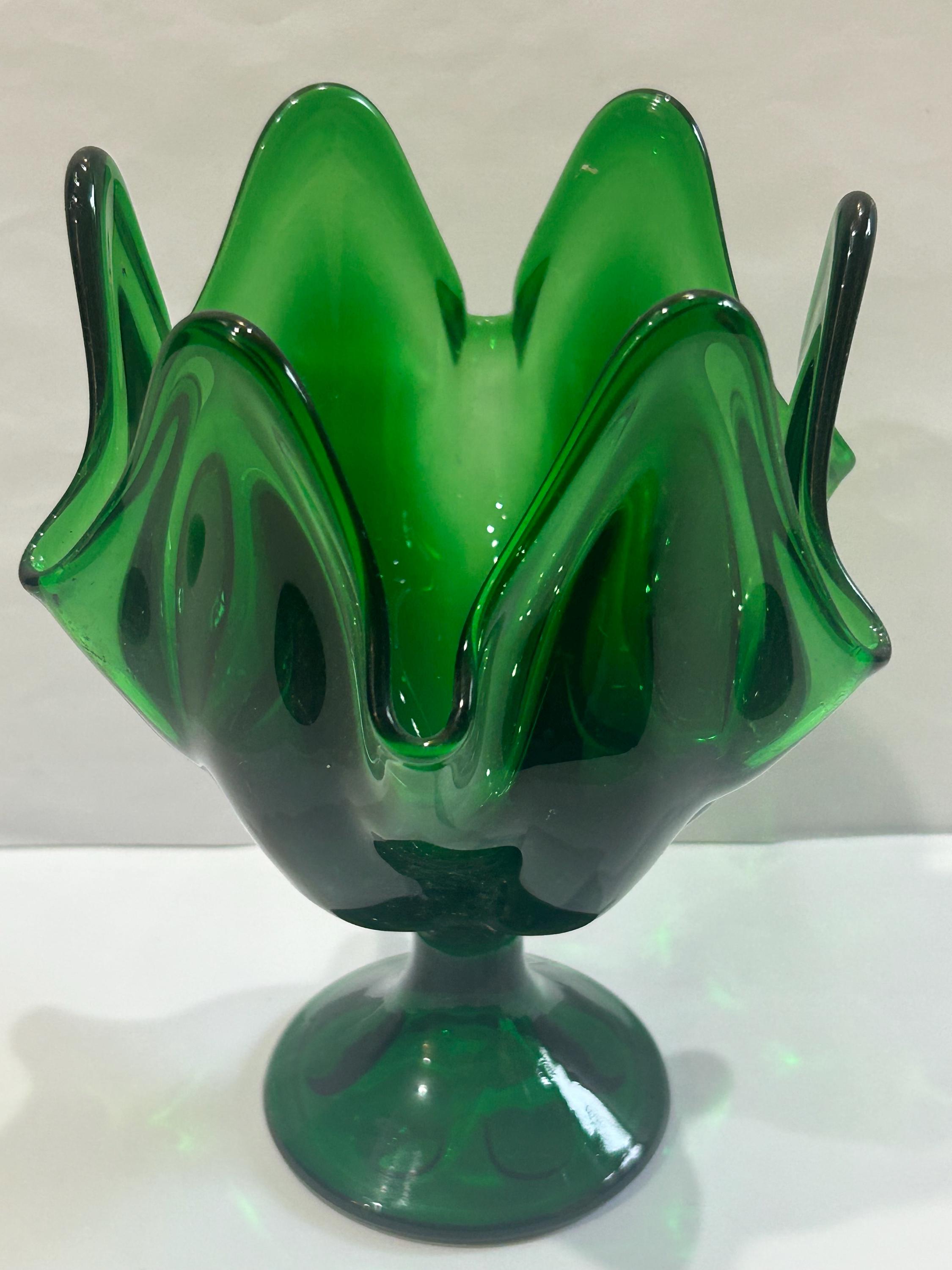 Vintage Viking Green Footed Glass 6 Petal Epic 7” Tall Footed Vase