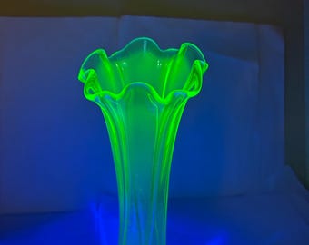 Vintage Vaseline Uranium Glass 9.75” Tall Vase Decor