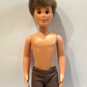May include: A plastic doll with brown hair and brown eyes wearing brown pants.