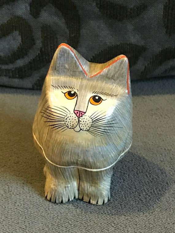 Vintage Wooden Cat Trinket Box Gem