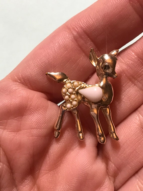 Vintage Baby Deer Fawn Gold and White Brooch Pin - image 4