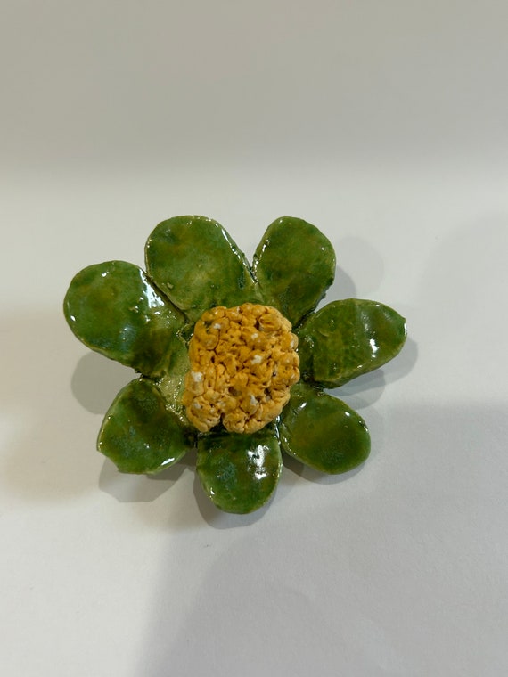 Vintage Porcelain Ceramic Green Flower Pin Brooch