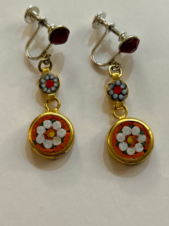 Vintage Screw On Mosaic Dangle Earrings - image 3