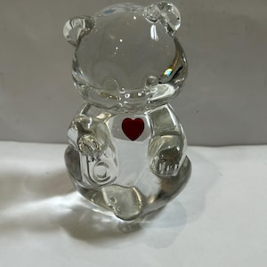 Vintage Glass Paperweight Figure July Birthday Teddy Bear with Red Heart