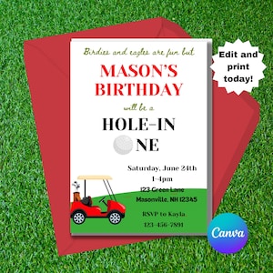Golf First Birthday Invitation, Hole In One birthday invitation, Hole In One Party editable, Golf party digital template, first birthday