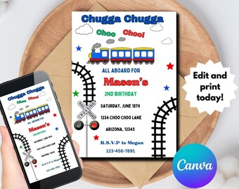 Train Birthday Invitation, Train birthday party, D.I.Y printable invite, Choo choo train invitations, Editable train invitation.