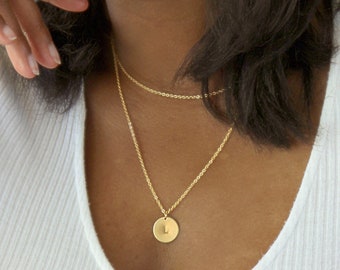 14k gold filled schijfketting met meerdere strengen, meerlaagse schijfhangerketting, gepersonaliseerde eerste gelaagde ketting, Moederdagcadeau