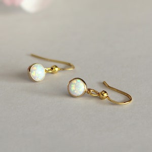 May include: A pair of gold-colored drop earrings with white opal-like stones. The earrings have a simple design with a small, round stone at the end of a curved hook. The background is a soft, neutral color with blurred flowers.
