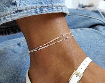 Chain Link Ankle Bracelet for Women, Sterling Silver Beach Anklet, Layered Chain Anklet, Body Jewelry, Summer Jewelry, Surfer Anklet for Her