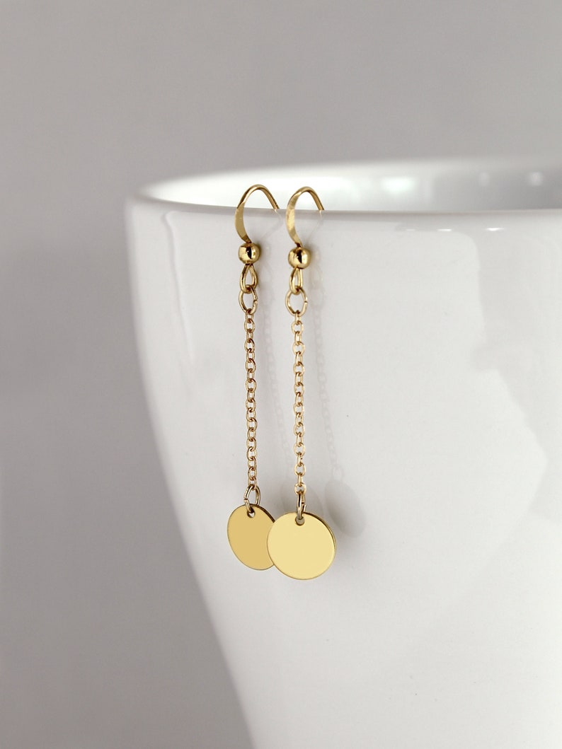 Tiny Gold Disk Earrings, 14k Gold Filled Disk Earrings, Minimal Dainty Jewelry, Drop Earring, Dangle Earring, Disk Charm Earrings, Gift Idea image 1