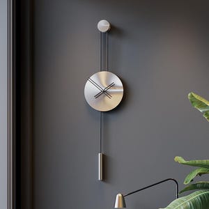 Large Matte Chrome Pendulum Clock – Serenity, Modern Contemporary Decor, Silent Design