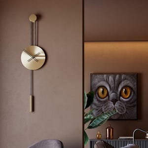 Gold Pendulum Wall Clock – Serenity, Dark Luxury Living Room Decor, Silent Design