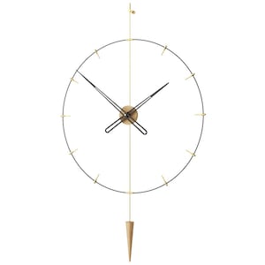 May include: A contemporary wall clock with a black circular frame and gold detailing. The clock has black hands, a wooden centre, and a wooden pendulum. It is suspended by a gold rod and is designed for wall mounting. The clock's diameter is approximately 60 cm.