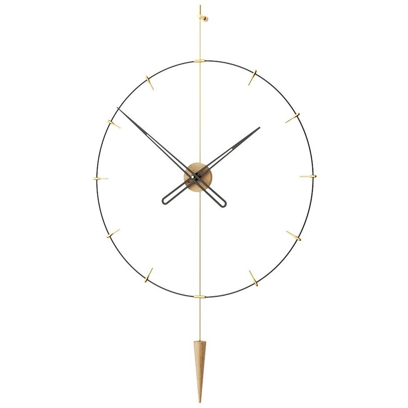 May include: A contemporary wall clock with a black circular frame and gold detailing. The clock has black hands, a wooden centre, and a wooden pendulum. It is suspended by a gold rod and is designed for wall mounting. The clock's diameter is approximately 60 cm.