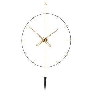 May include: A contemporary wall clock with a black circular frame and gold-coloured accents. The clock features gold hands and markers, with a black, cone-shaped pendulum hanging below. Designed for wall mounting.