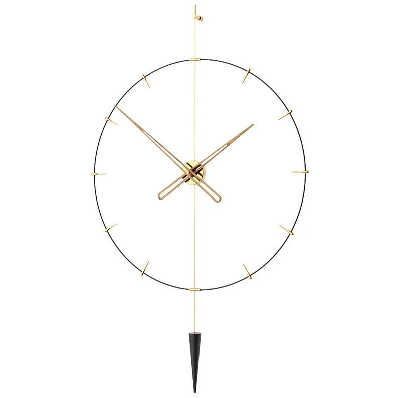 May include: A contemporary wall clock with a black circular frame and gold-coloured accents. The clock features gold hands and markers, with a black, cone-shaped pendulum hanging below. Designed for wall mounting.